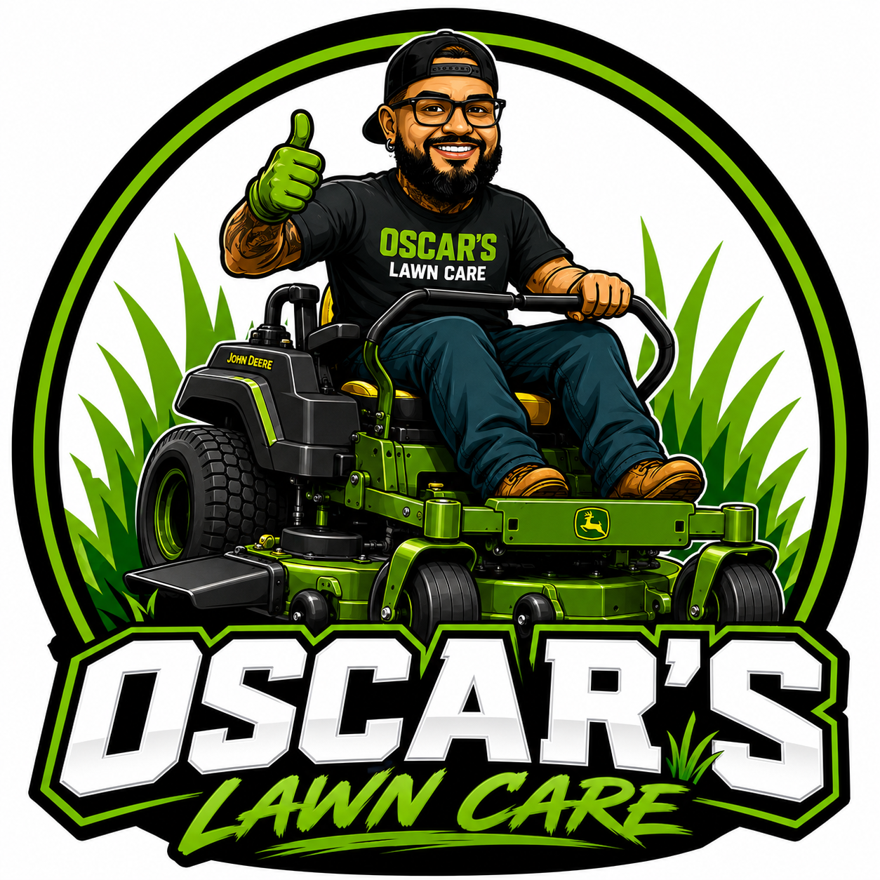 Original Oscar's Lawn Care mascot on a lawn mower